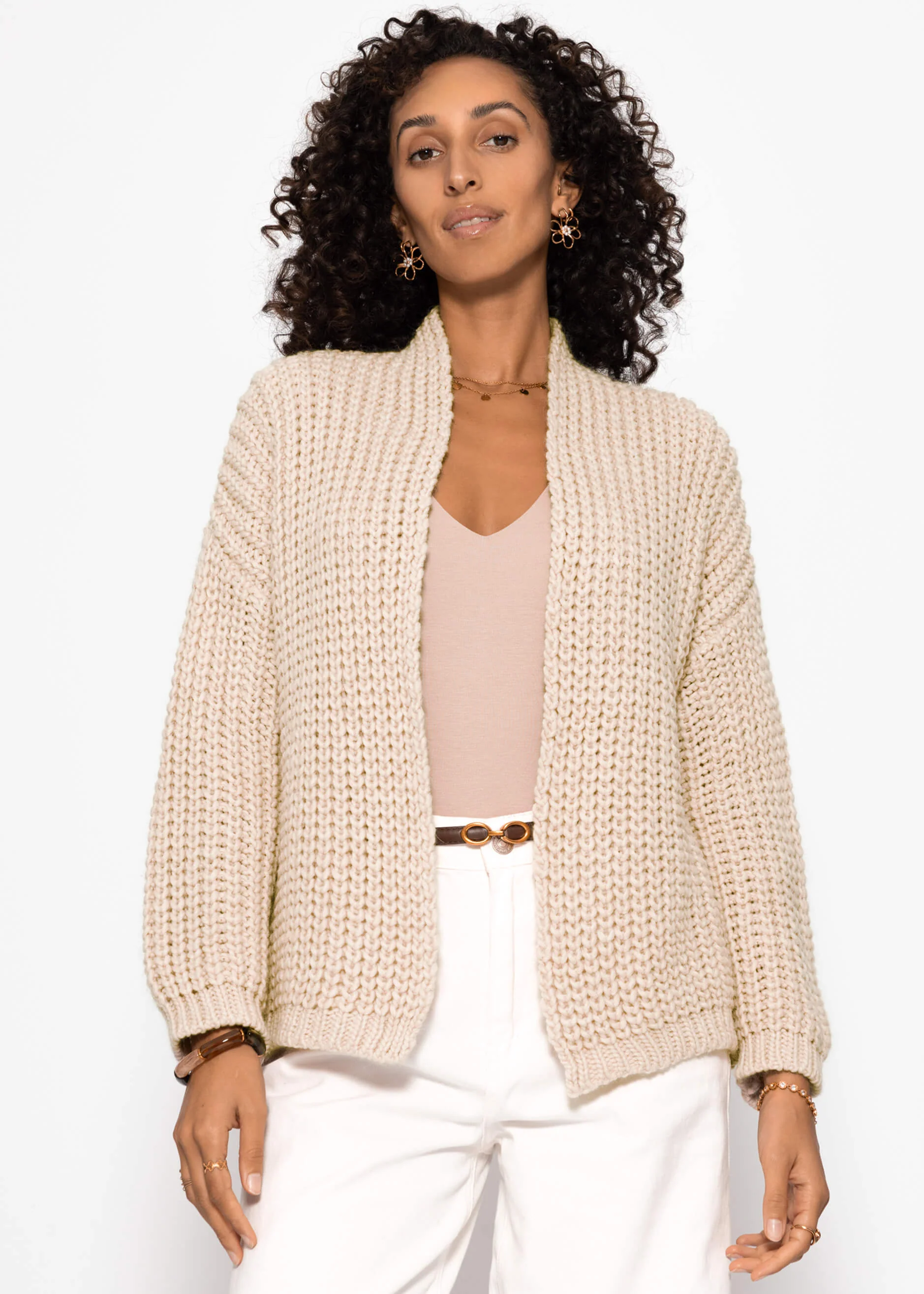 Open coarse -knit cardigan - beige - Image 3