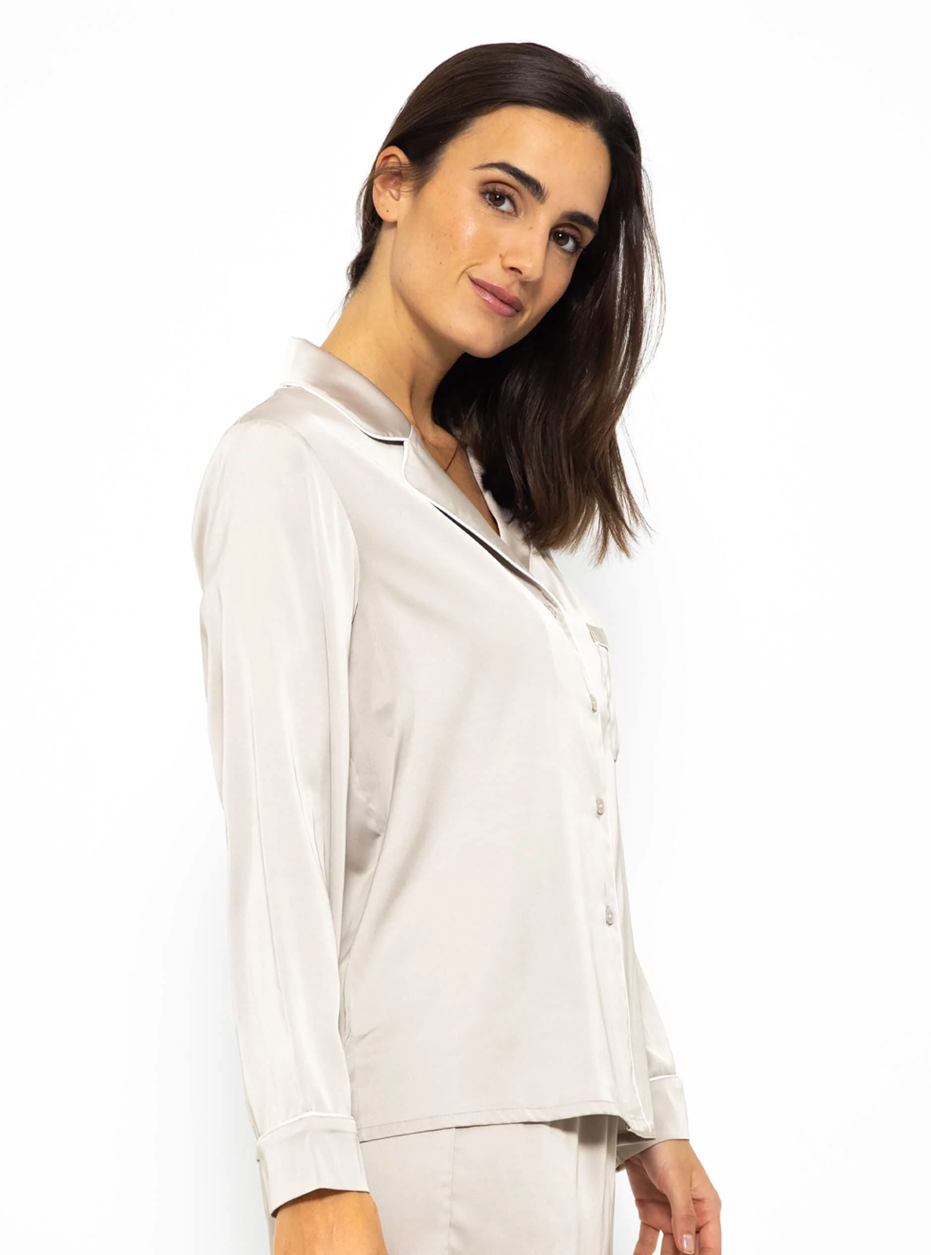 Satin pajama blouse with piping - champagne - Image 4