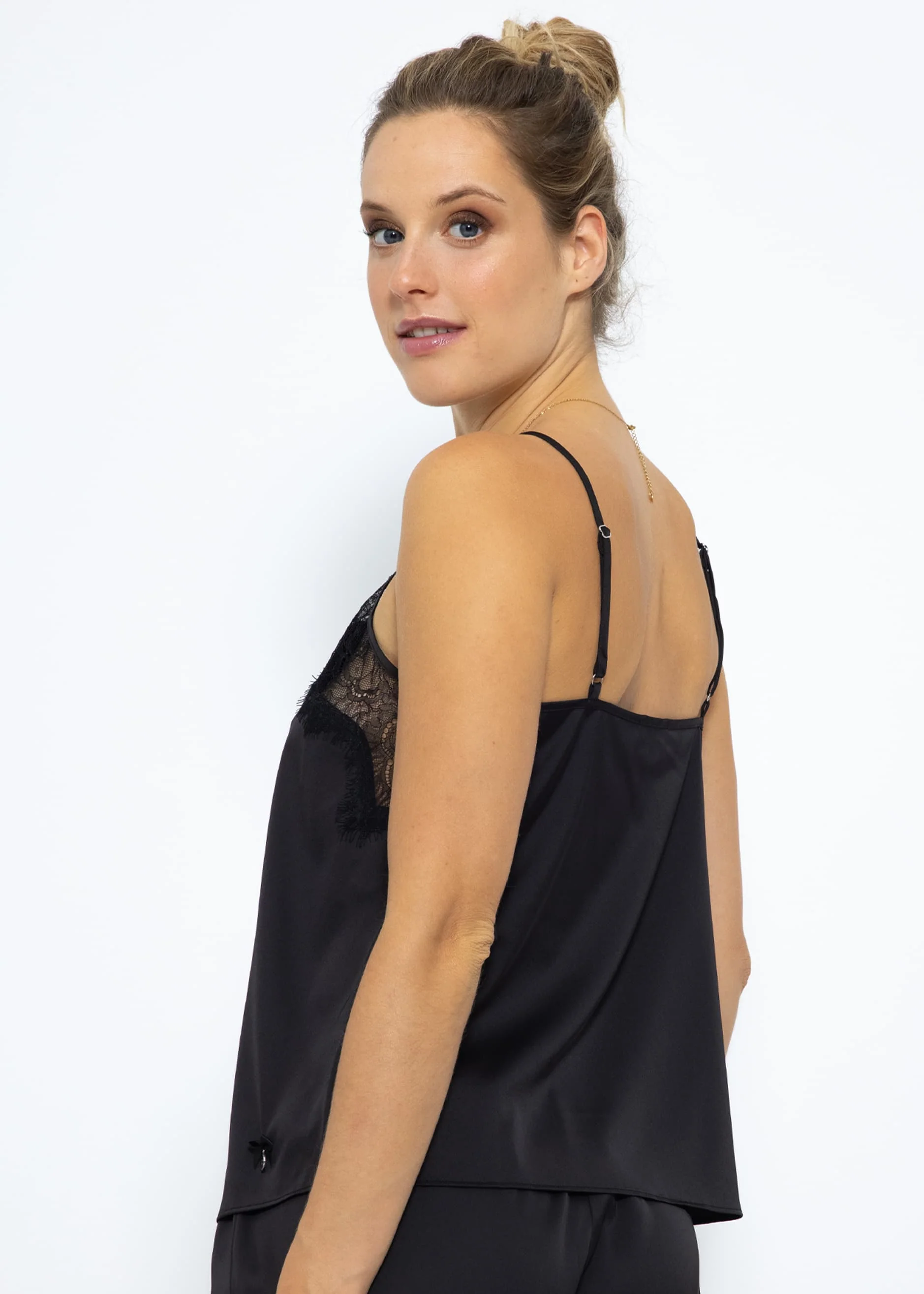 Satin pajama top with lace - black - Image 10