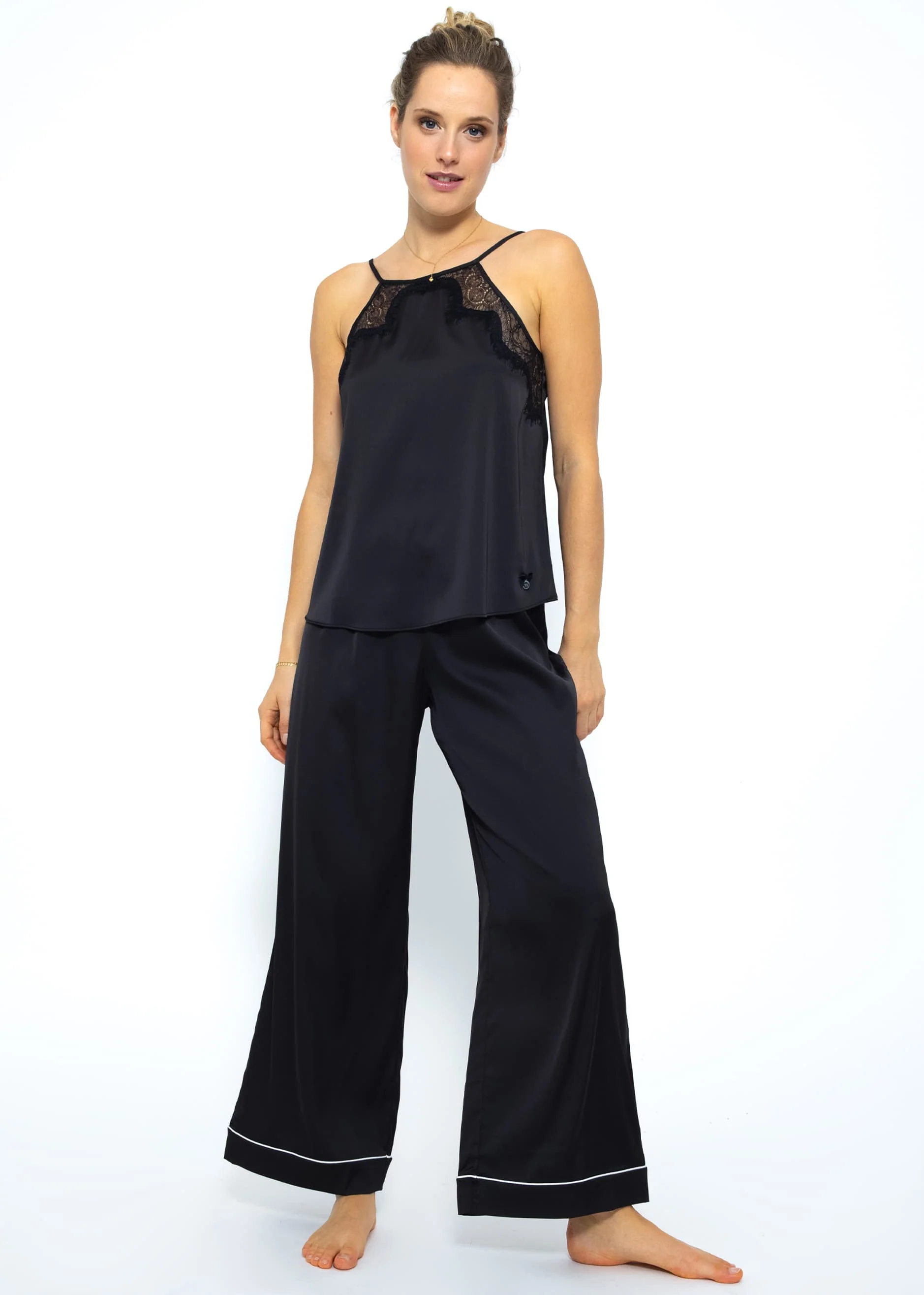 Satin pajama top with lace - black - Image 9